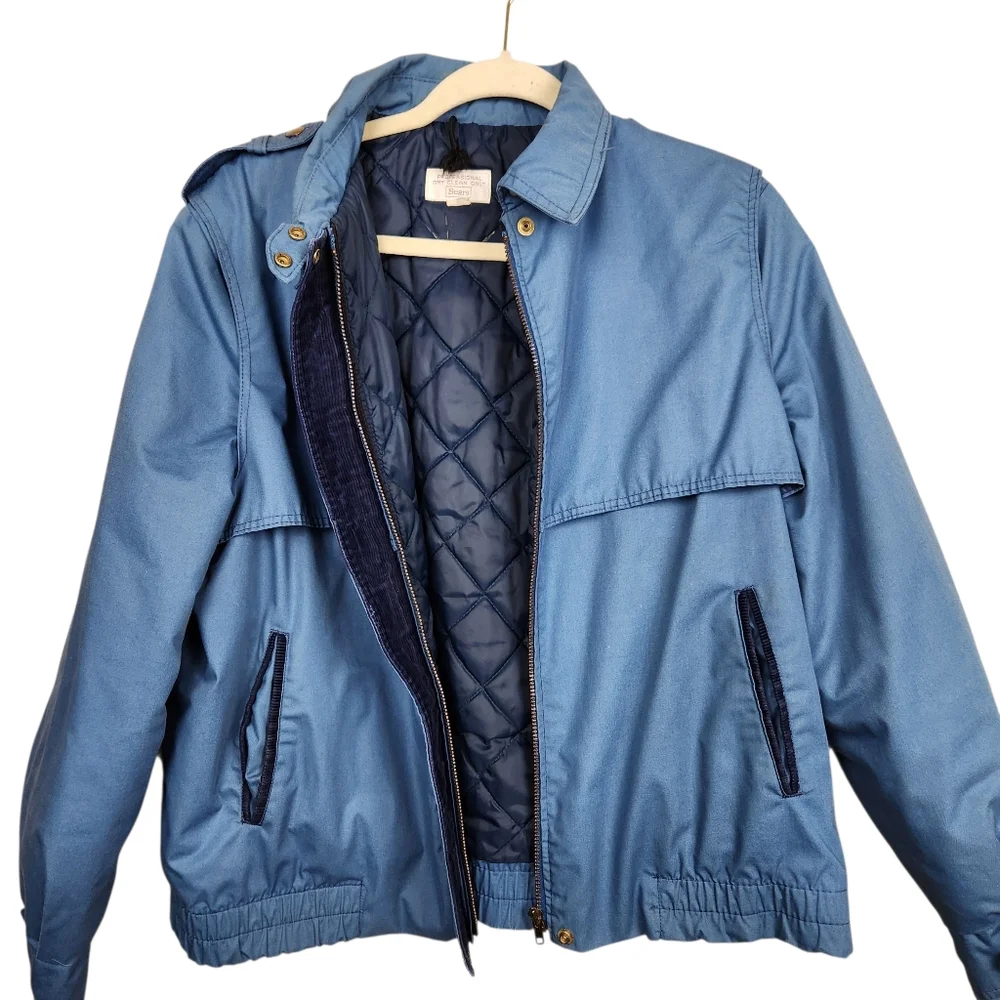 Sears Vintage Blue Bomber Work Jacket Corduroy Trim 70's 80's 90s Mens Size L